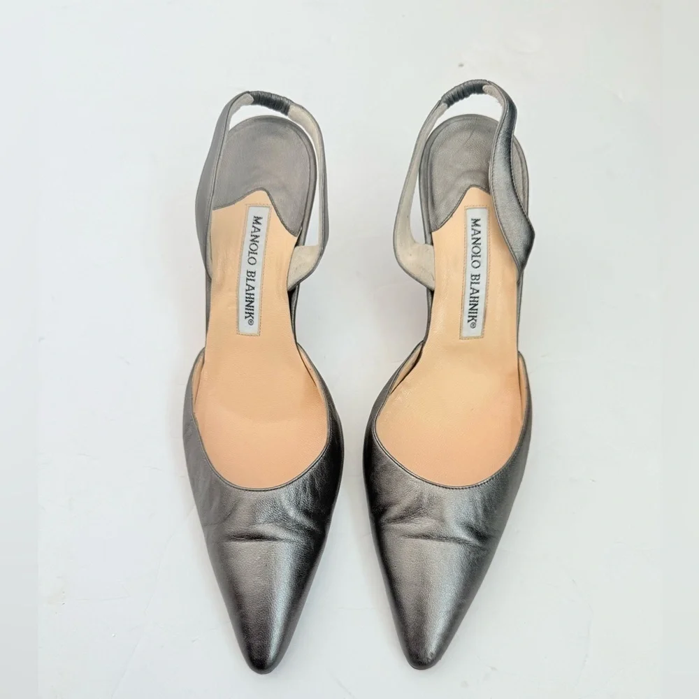Manolo Blahnik Retro Gunmetal Grey 70mm Carolyne Slingback pumps EU 37.5